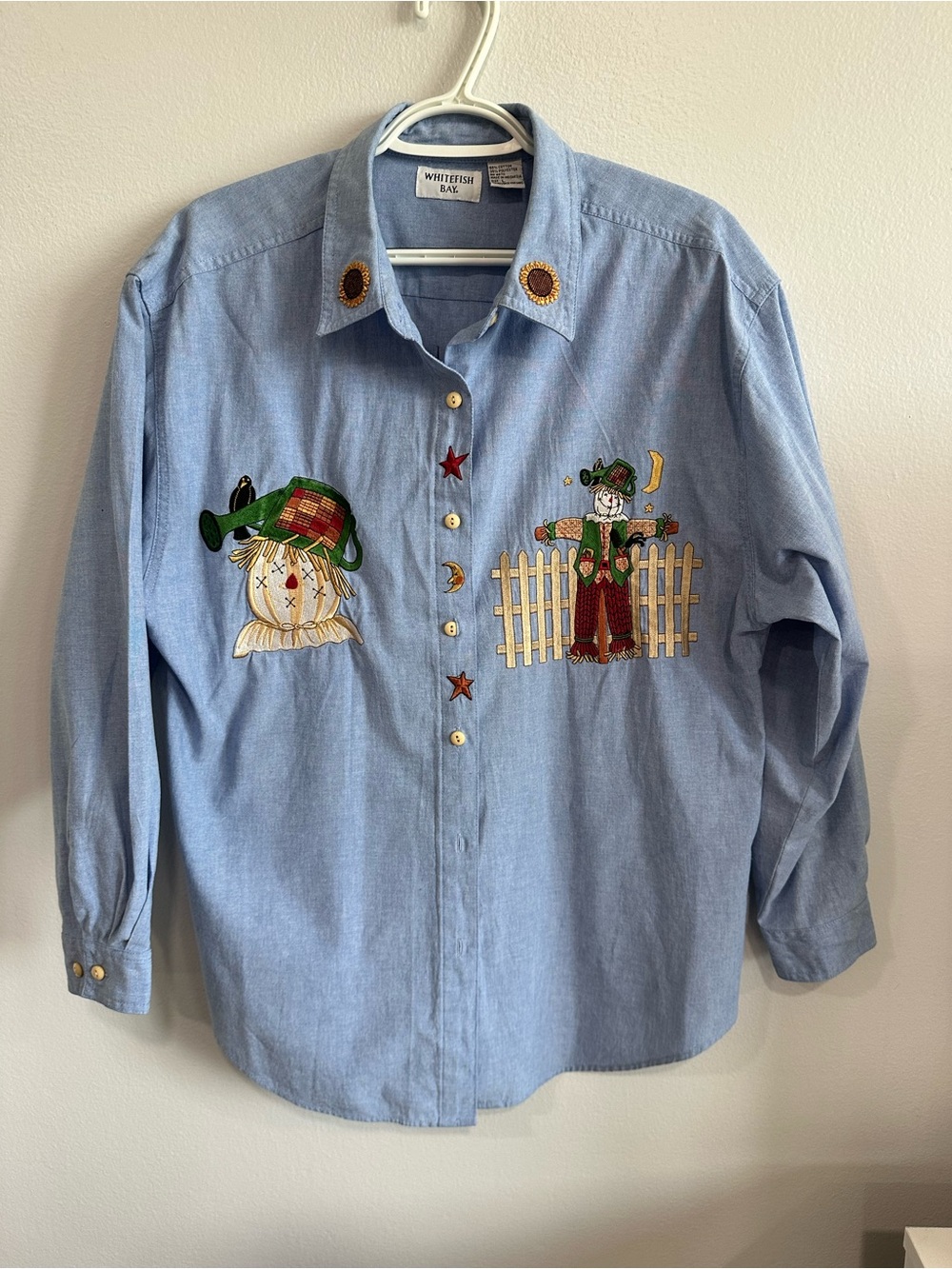 Whitefish Bay Women’s Embroidered Scarecrow Button Front Shirt L Fall Harvest